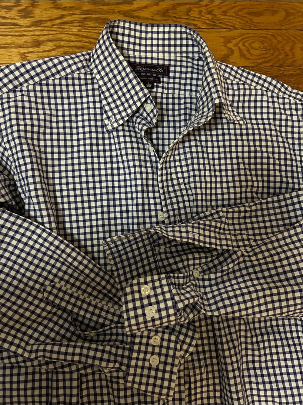 Faconnable Men’s Navy and White Check Button-Down Shirt size 3, 15 1/2 R. EUC.